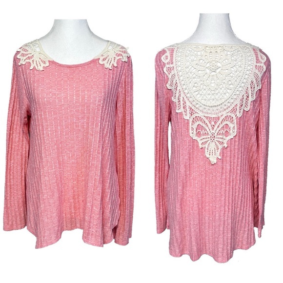 Rewind Tops - Rewind Heathered Pink Ribbed Crochet Lace Back Long Sleeve Top Size XL Coquette